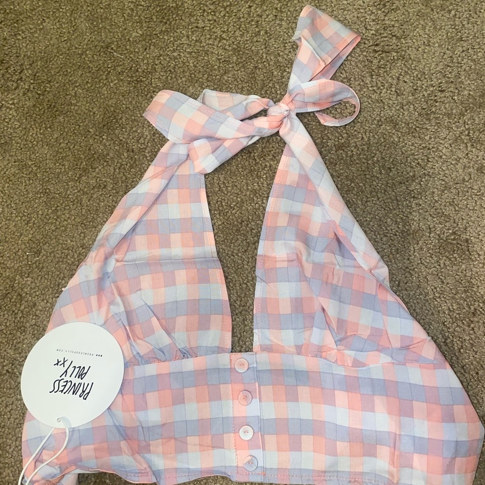 Princess Polly Pink & Lavender Gingham Halter Crop Top